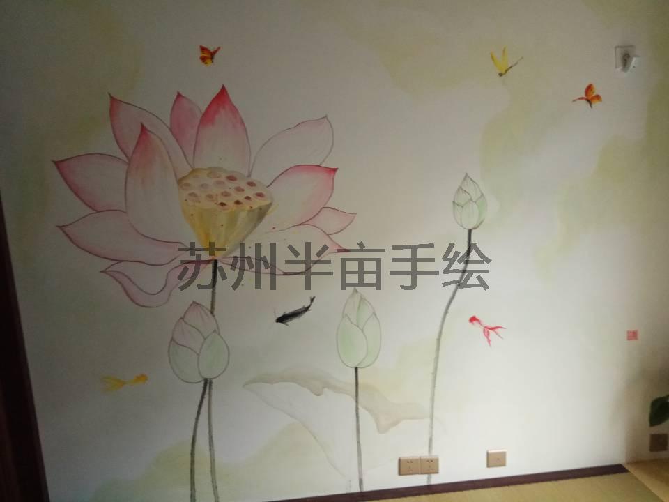 苏州墙绘,水彩画墙绘,荷花手绘,南通无锡墙绘