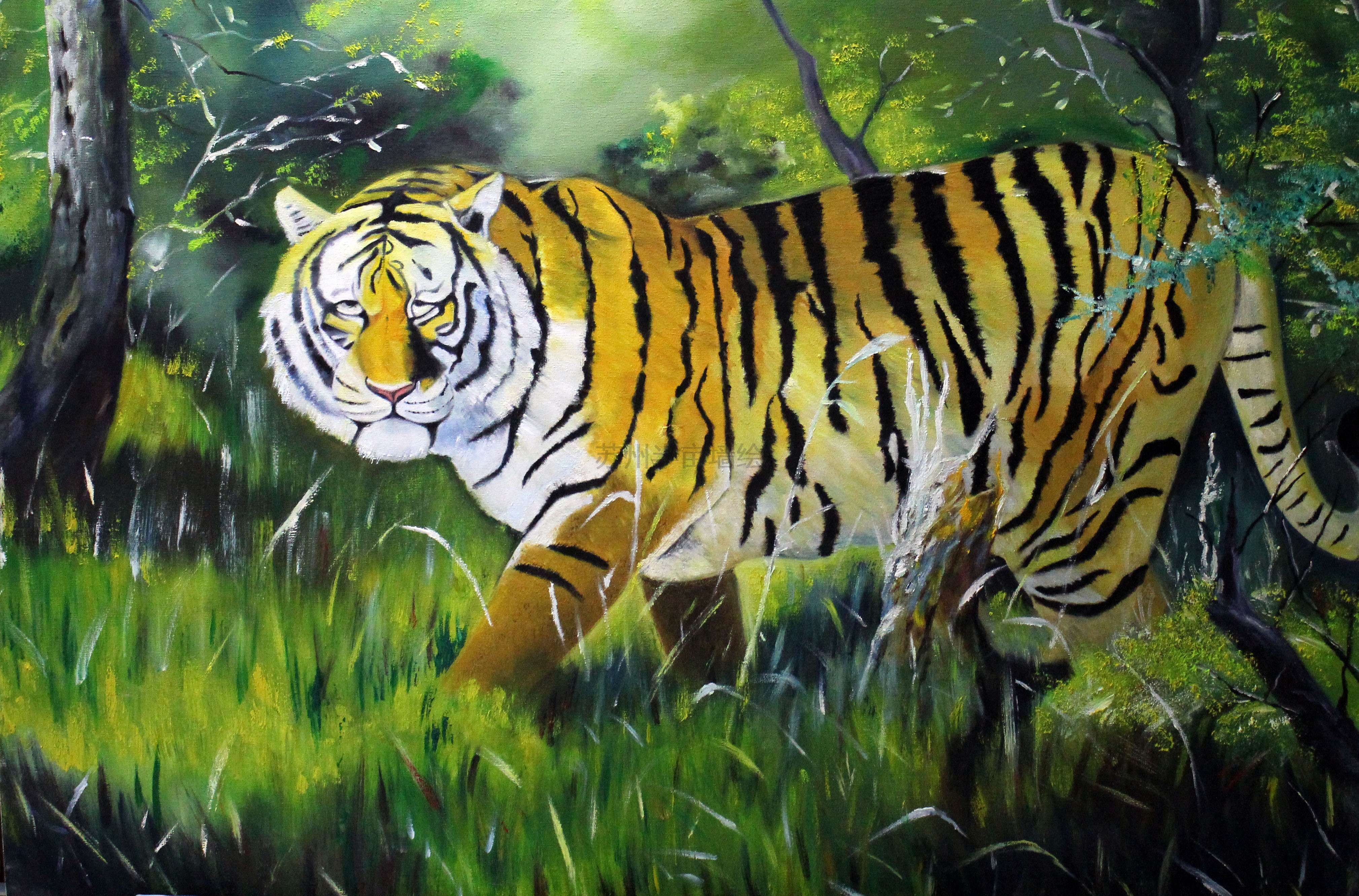 老虎油画作品装饰画原始森林